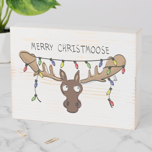 Moose Christmas Funny Cartoon Kids Wooden Box Sign (In Situ Horizontal)