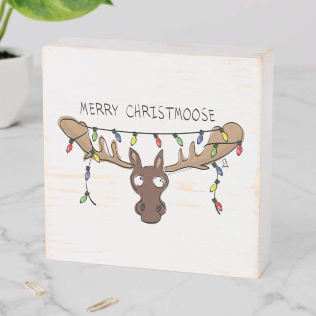 Moose Christmas Funny Cartoon Kids Wooden Box Sign (In Situ Horizontal)