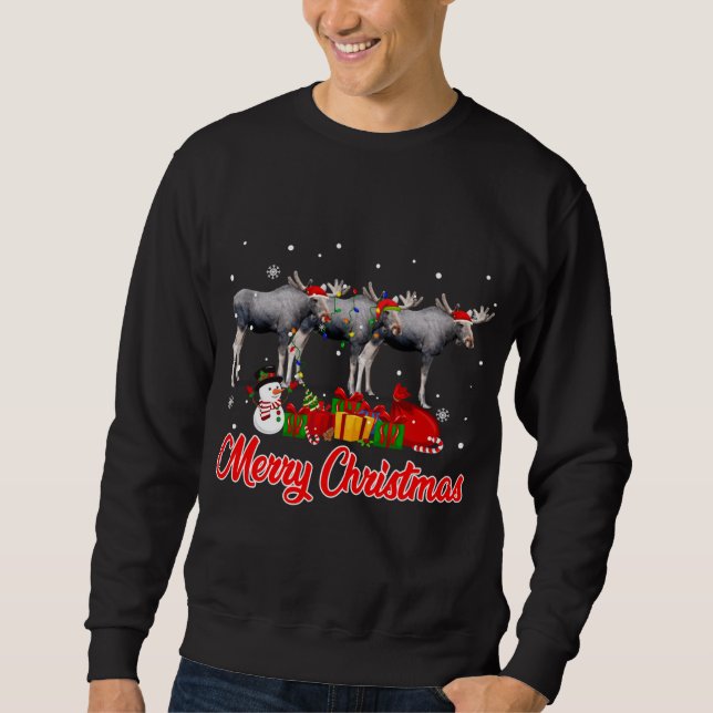 Moose Christmas Pajama Funny Xmas Lights Animals L Sweatshirt (Front)