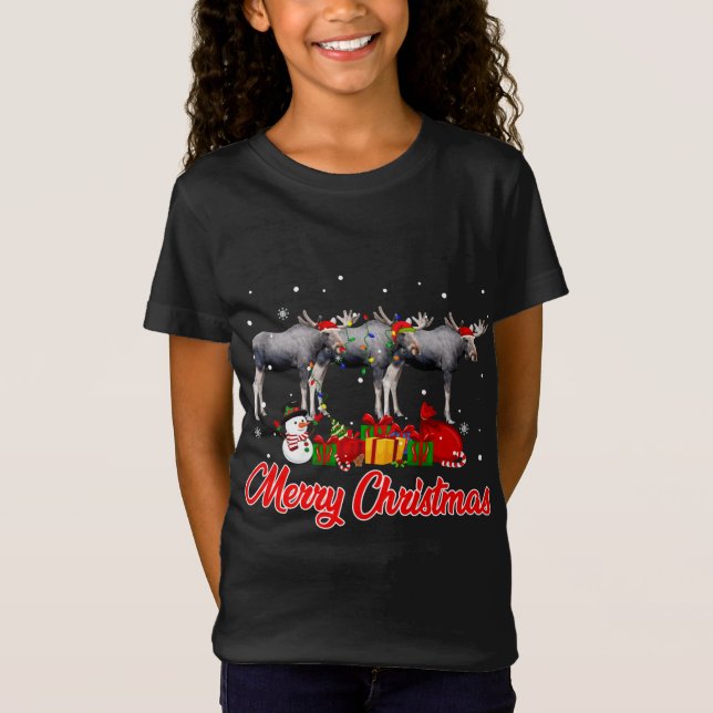 Moose Christmas Pajama Funny Xmas Lights Animals L T-Shirt (Front)