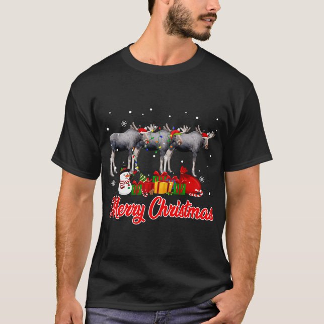 Moose Christmas Pajama Funny Xmas Lights Animals L T-Shirt (Front)