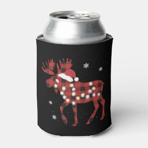 Moose Christmas Red Plaid Buffalo Xmas Santa Hat Can Cooler