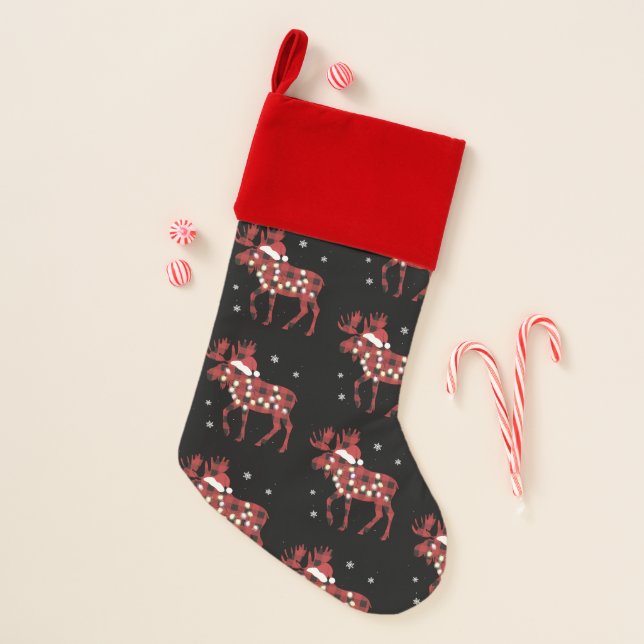 Moose Christmas Red Plaid Buffalo Xmas Santa Hat Christmas Stocking (Front)