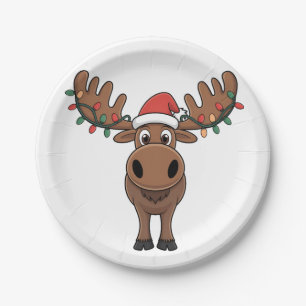 Moose Christmas Tree Lights Funny Xmas Moose Lover Paper Plates