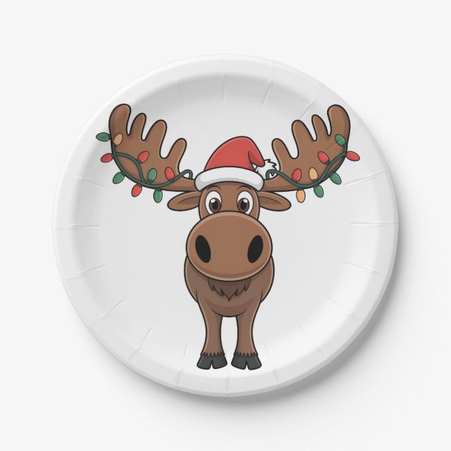 Moose Christmas Tree Lights Funny Xmas Moose Lover Paper Plates (Front)