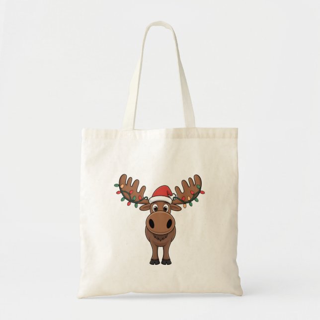 Moose Christmas Tree Lights Funny Xmas Moose Lover Tote Bag (Front)