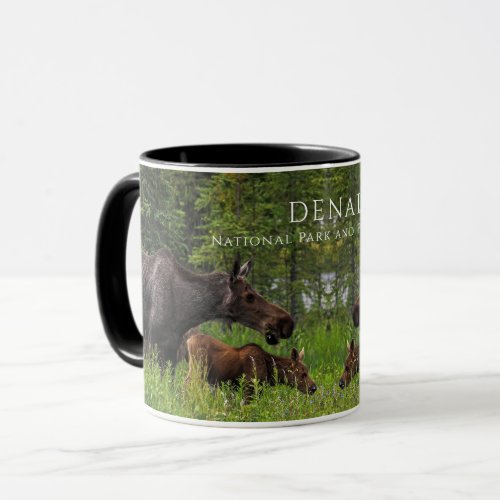 Moose Cow and Calves Grazing Denali National Park Mug