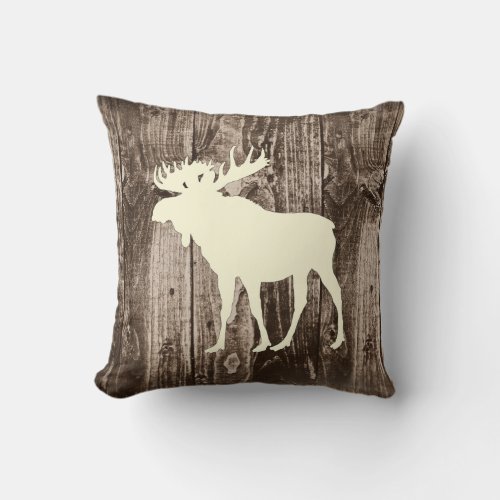 Moose Cream Wildlife on Rustic Wood Cabin Throw Pillow