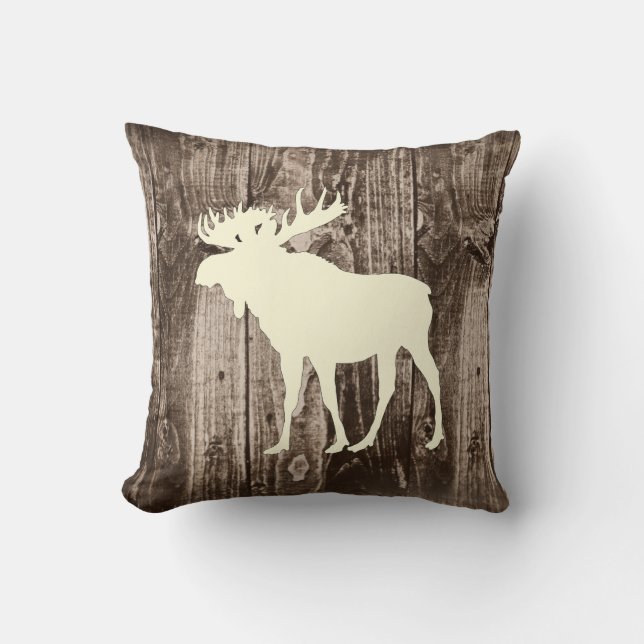 Moose (Cream) Wildlife on Rustic Wood Cabin Throw Pillow (Front)