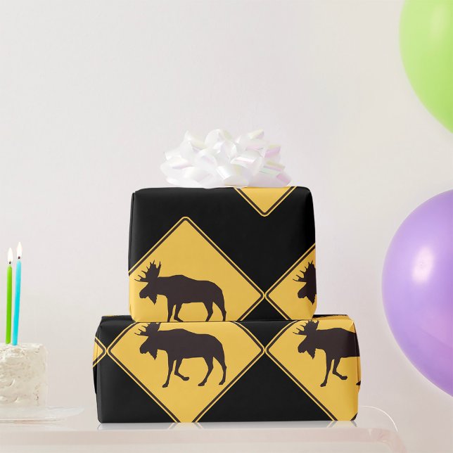 Moose Crossing Road Sign Wildlife Safety Wrapping Paper (Creator Uploaded)