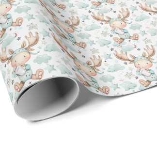 Moose Cute Baby Pastel Watercolor Pattern  Wrapping Paper