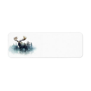 Moose double exposure in front of a forest label