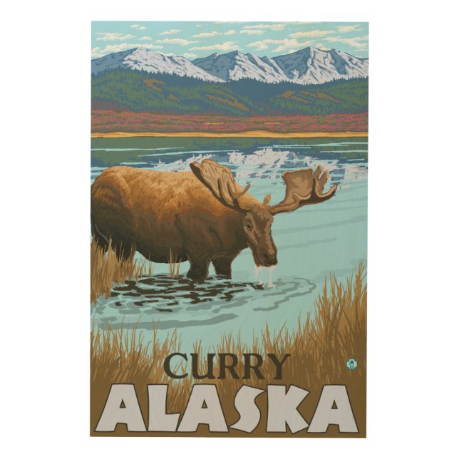 Moose Drinking at Lake - Curry, Alaska Wood Wall Decor (Front)
