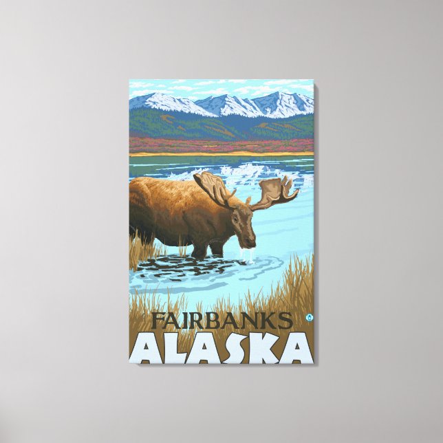 Moose Drinking at Lake - Fairbanks, Alaska Canvas Print (Front)