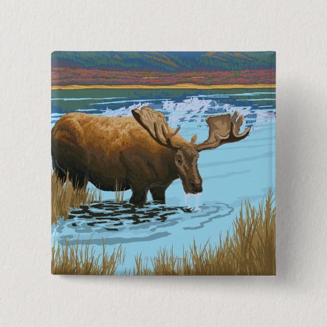 Moose Drinking at Lake - Glacier National Park, Pinback Button (Front)