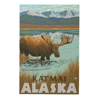 Moose Drinking at Lake - Katmai, Alaska Wood Wall Decor