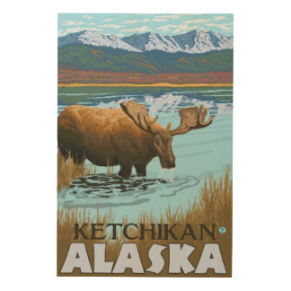 Moose Drinking at Lake - Ketchikan, Alaska Wood Wall Decor