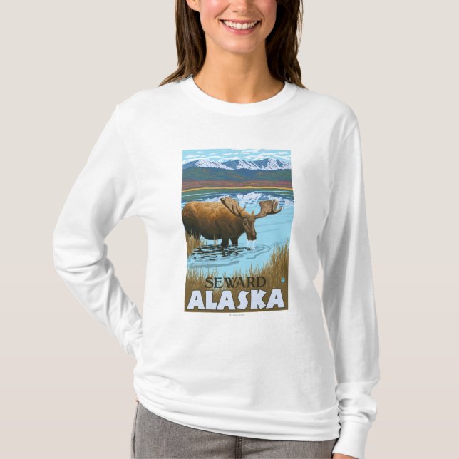 Moose Drinking at Lake - Seward, Alaska T-Shirt (Front)