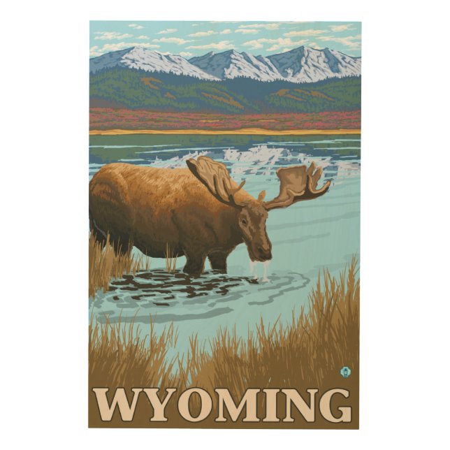 Moose Drinking at Lake - Wyoming Wood Wall Art (Front)