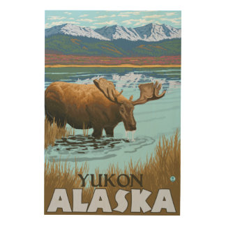 Moose Drinking at Lake - Yukon, Alaska Wood Wall Decor