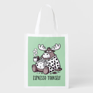 Moose Drinking Coffee in a Polka Dot Robe Grocery Bag