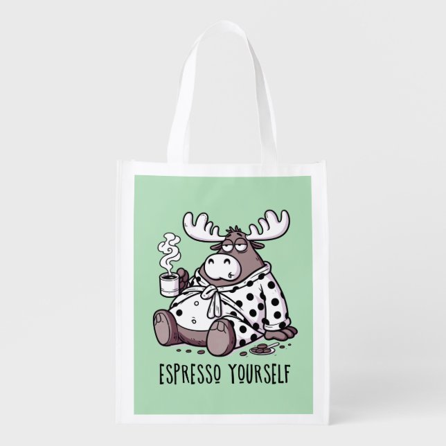 Moose Drinking Coffee in a Polka Dot Robe Grocery Bag (Front)