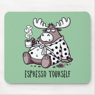 Moose Drinking Coffee in a Polka Dot Robe Mouse Pad