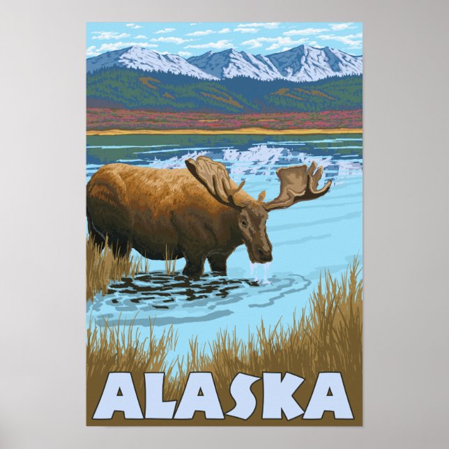 Moose Drinking Water Vintage Travel Poster (Front)