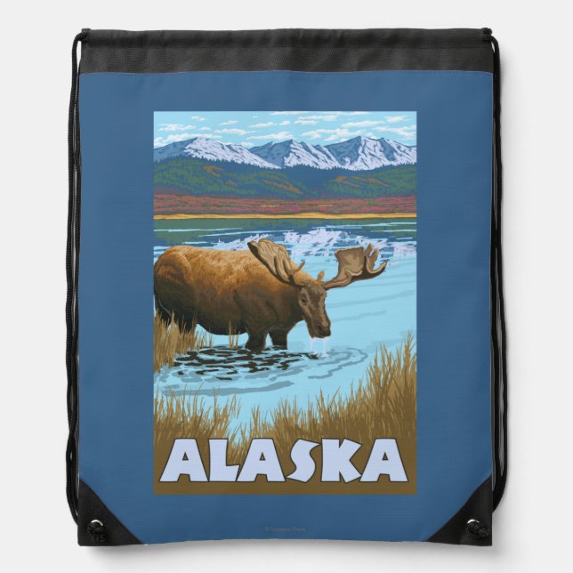 Moose Drinking Water Vintage Travel Poster Drawstring Bag (Front)