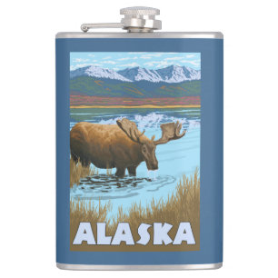 Moose Drinking Water Vintage Travel Poster Flask