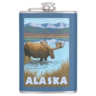 Moose Drinking Water Vintage Travel Poster Flask