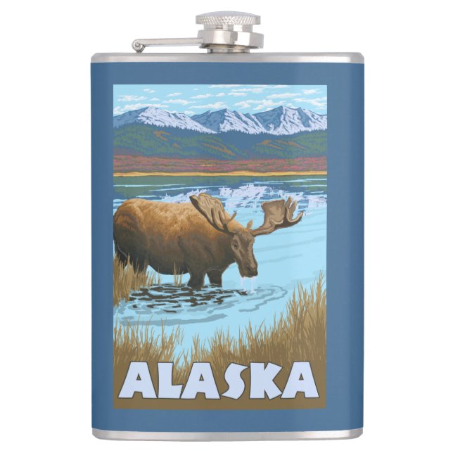 Moose Drinking Water Vintage Travel Poster Flask (Front)