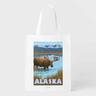 Moose Drinking Water Vintage Travel Poster Reusable Grocery Bag