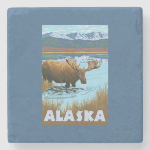 Moose Drinking Water Vintage Travel Poster Stone Coaster