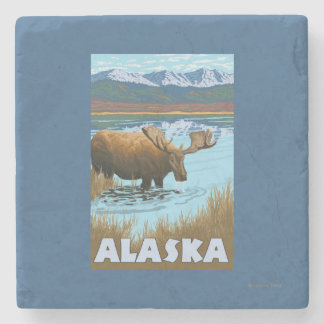Moose Drinking Water Vintage Travel Poster Stone Coaster