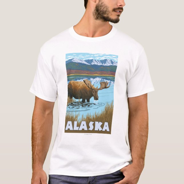 Moose Drinking Water Vintage Travel Poster T-Shirt (Front)
