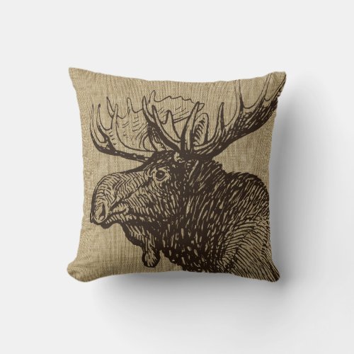 Moose Elk Head Throw Pillow - Moose Elk Head Faux Linen Burlap Throw Pillow