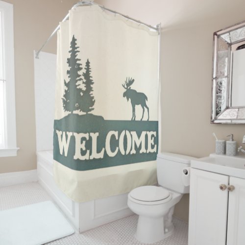 Moose Evergreen Trees Welcome Shower Curtain