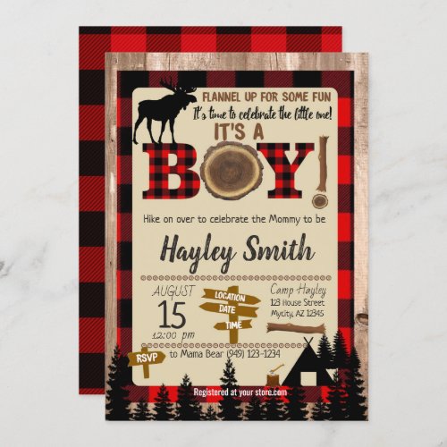 Moose Flannel up Lumberjack Plaid Baby Shower Invitation