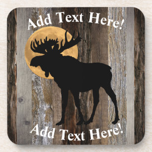 Moose Full Moon Rustic Barn Board Rustic Wood Beverage Coaster