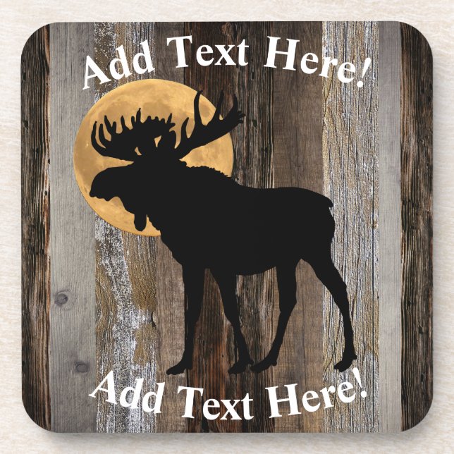 Moose Full Moon Rustic Barn Board Rustic Wood Beverage Coaster (Front)