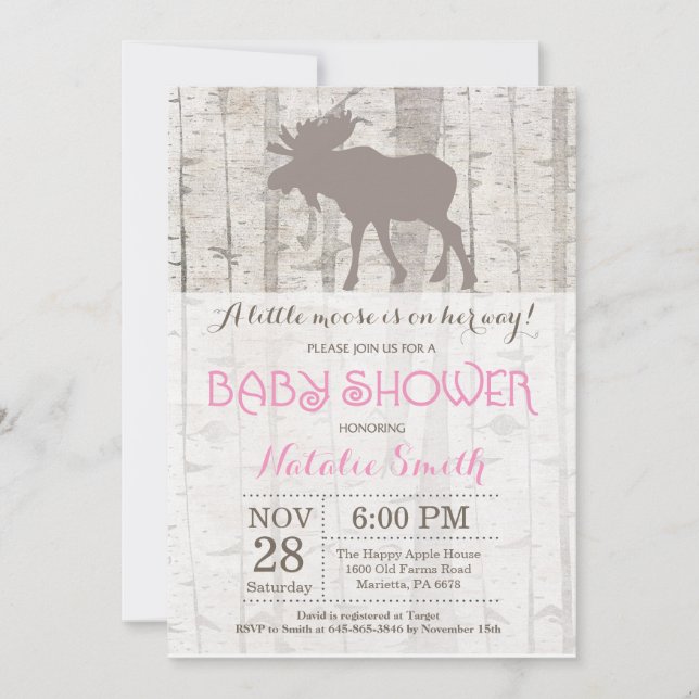 Moose Girl Baby Shower Invitation Rustic Woodland (Front)