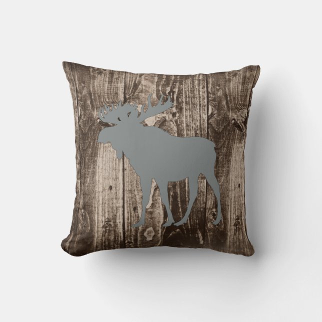 Moose (Gray) Wildlife on Rustic Wood Cabin Throw Pillow (Front)