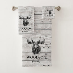 Moose Gray Wood Pattern Personalized Bath Towel Set