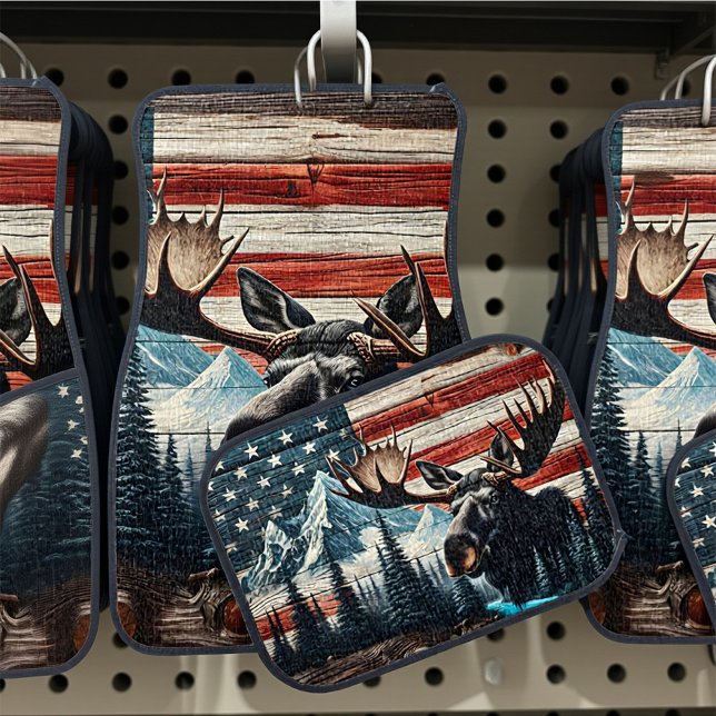 Moose Head Against American Flag and Mountains Car Floor Mat (Creator Uploaded)