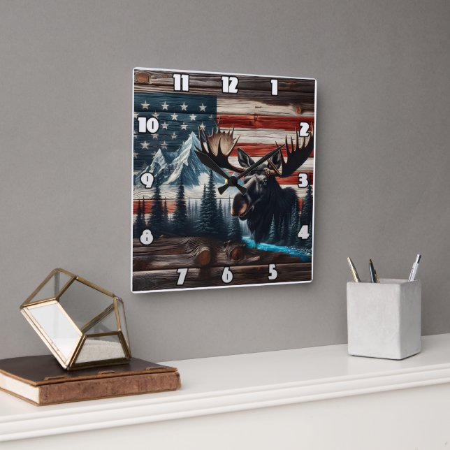 Moose Head Against American Flag and Mountains Square Wall Clock (Office)