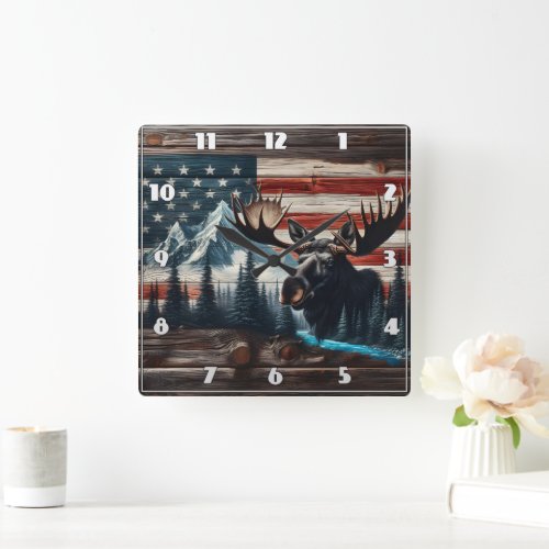 Moose Head Against American Flag and Mountains Square Wall Clock