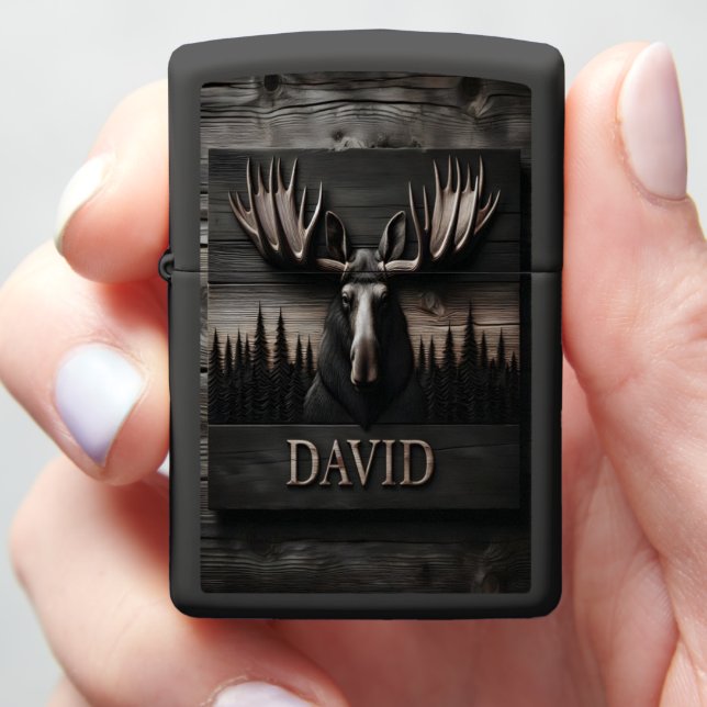 Moose Head Carving With Name Zippo Lighter (In Hand)
