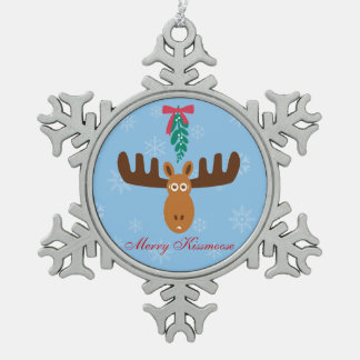 Moose Head_Merry Kissmoose_Humorous Holidays Snowflake Pewter Christmas Ornament