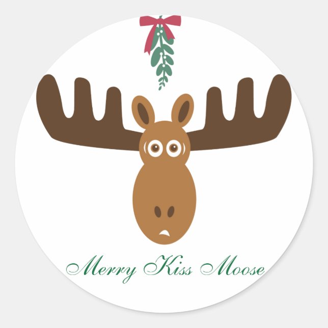Moose Head_Mooseltoe_Merry Kiss Moose Classic Round Sticker (Front)
